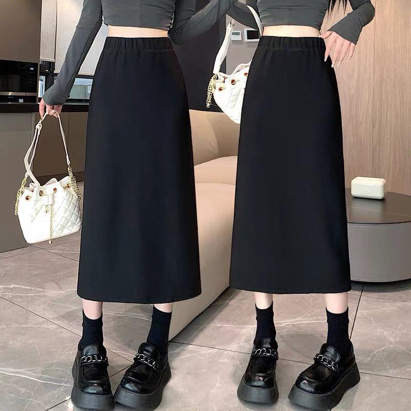 Black Wool Blend Women's High Waist A-Line Skirt - Autumn/Winter Korean Style Slimming Mid-Length with Slit and Elastic Waist