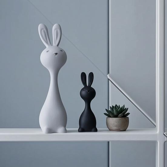 1 Pair 3D Printed Abstract Bunny Figurine Minimalist Black White Rabbit Statue Animal Sculpture Living Room Bedroom Decoration