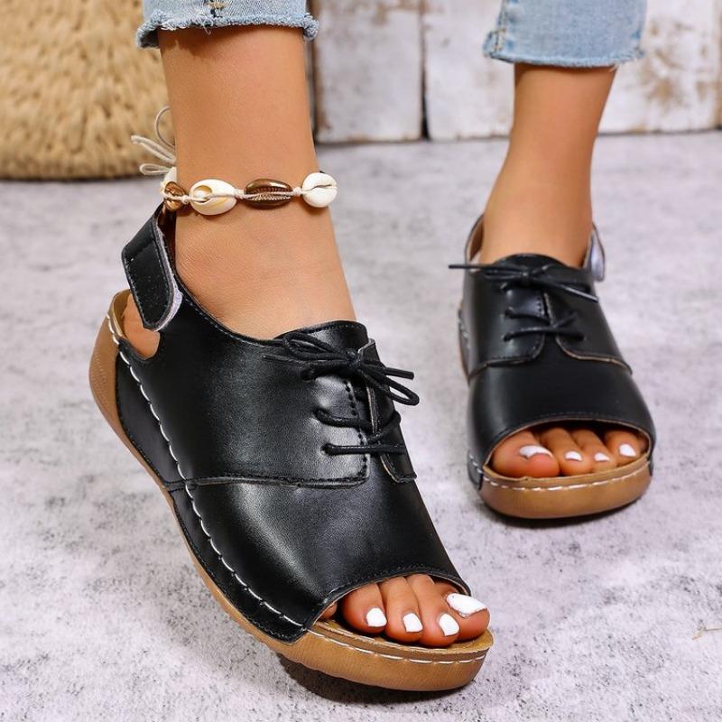 

Fashion 2025 Women s Med Heels Platform Sandals Summer Peep Toe Casual Clogs Shoes Woman Pu Leather Wedges Roman Sandalias Mujer 36 чёрный