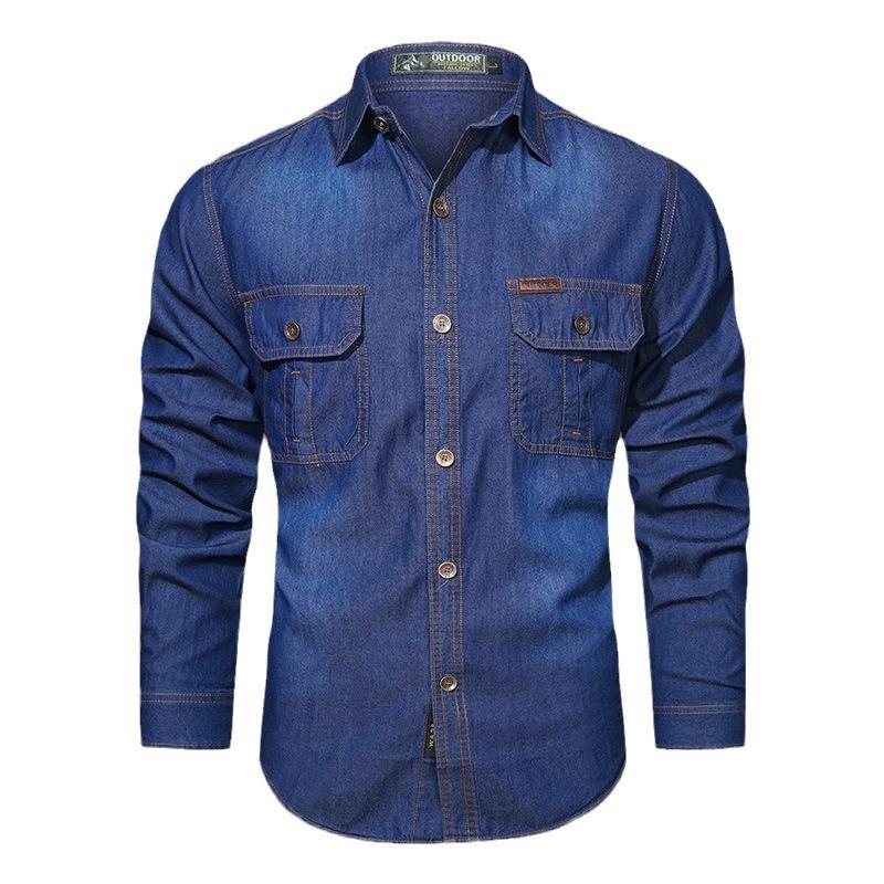 Spring and Autumn New Plus Size Men's Washed Men's Long Sleeve Shirt Slim Lapel Shirt
