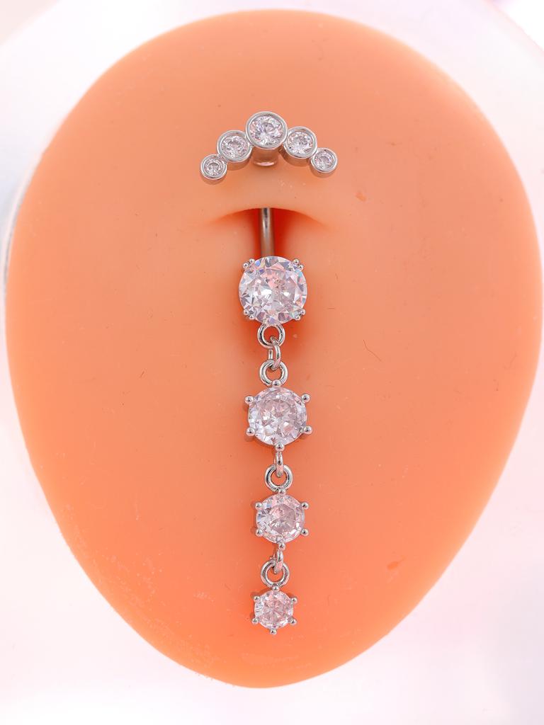 Gold Stainless Steel Long Dangle Flower CZ Belly Button Ring for Women