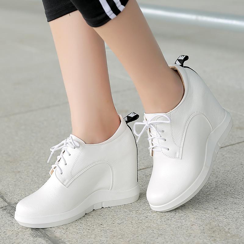 Women's Slope Heel Single Shoes Spring and Autumn Inner Height Increase Casual Lace-up Low-top Shoes
