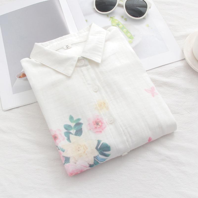 Double Layer Cotton Yarn Exquisite Flower Print Long Sleeved Shirt for Women's Blouses & Shirts Artistic Spring Clothing Loose Top