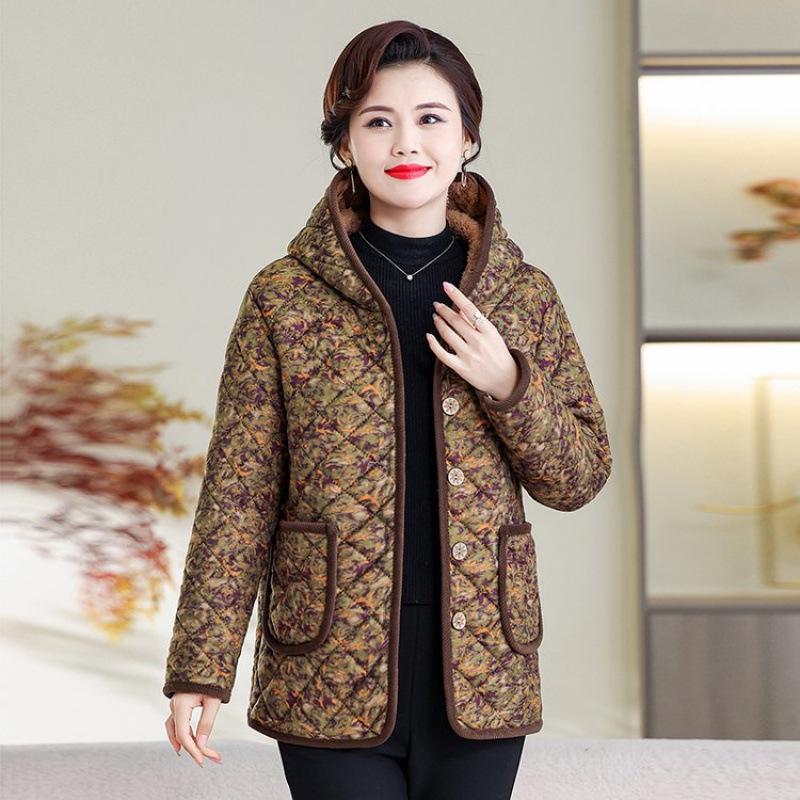 

New Winter Hooded Cotton Jacket: Fashionable, Warm, and Thickened for Middle-Aged and Elderly Moms 1XL (80-100 jin)