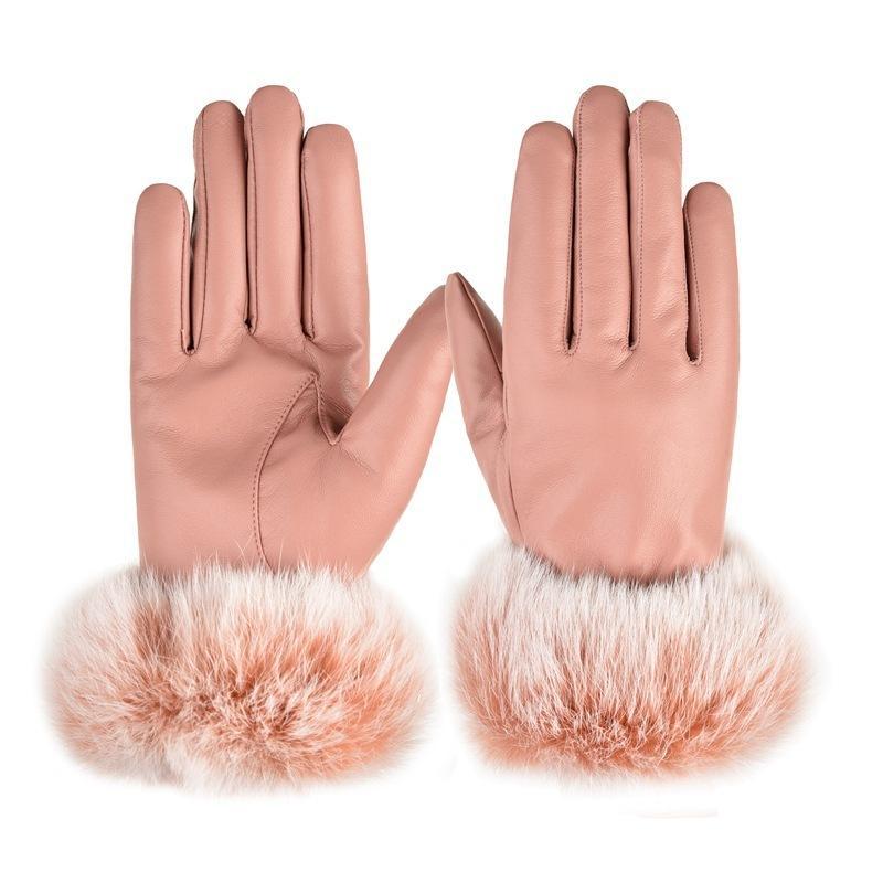 Autumn and winter women's thermal gloves PU leather velvet thermal versatile driving rabbit fur mouth touch screen gloves