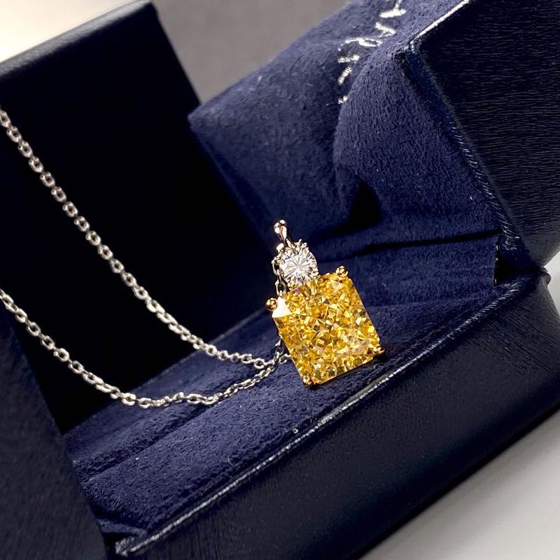 5 Carat Yellow Simulated Diamond Necklace for Women - S925 Silver Rectangle Pendant on Clavicle Chain