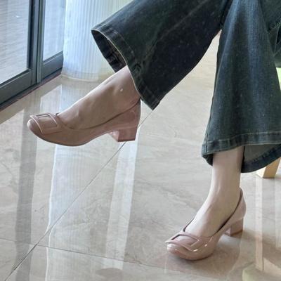 Naked Pink Single Shoes Autumn Classic Square Buckle Patent Leather Round Head Shallow Mouth Versatile Thick Heel Shoes