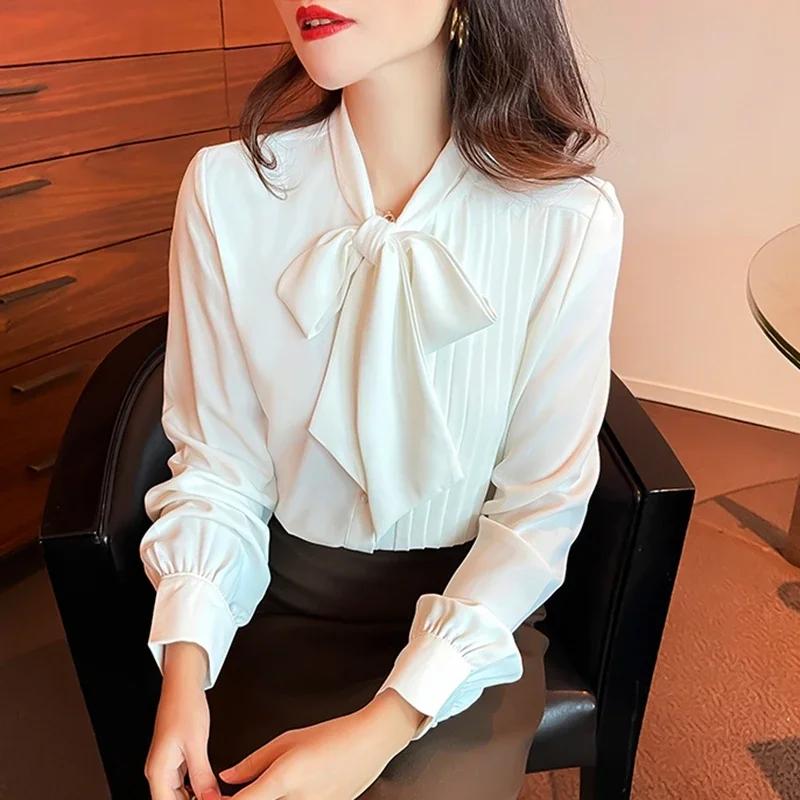 Elegant Bow Neck White Shirts Women Long Sleeve Korean Fashion Clothing Blusas Mujer Work Chiffon Blouses Office Ladies Tops Y2k