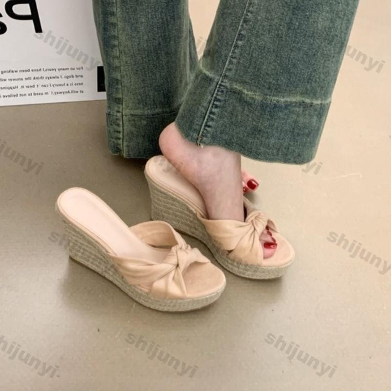 Women Wedge Shoes New Summer Outerwear Slip on Straw One Word Slippers Comfortable Non Slip Breathable Platform Sandals