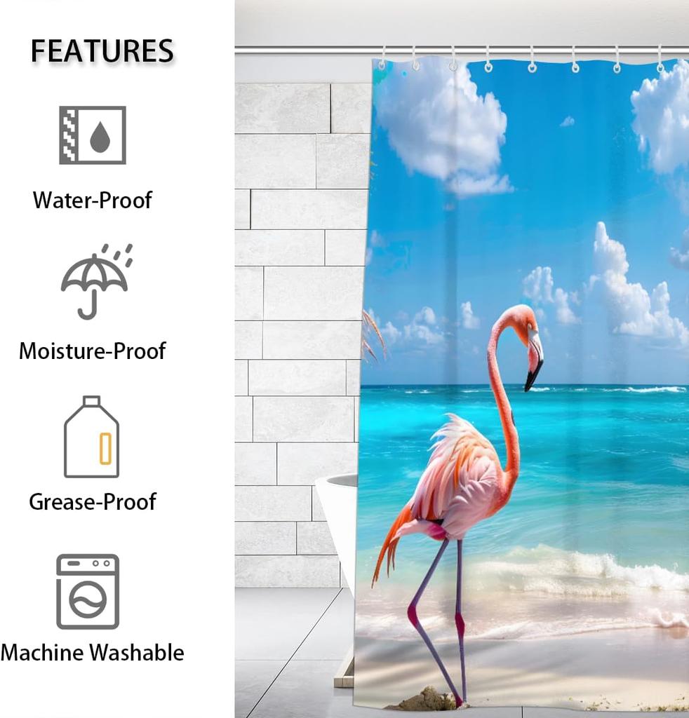 Pardick Shower Curtain, Beach Flamingo Waterproof Shower Curtain Set with 12 Hooks, Polyester Fabric Shower Curtains for Bathroo