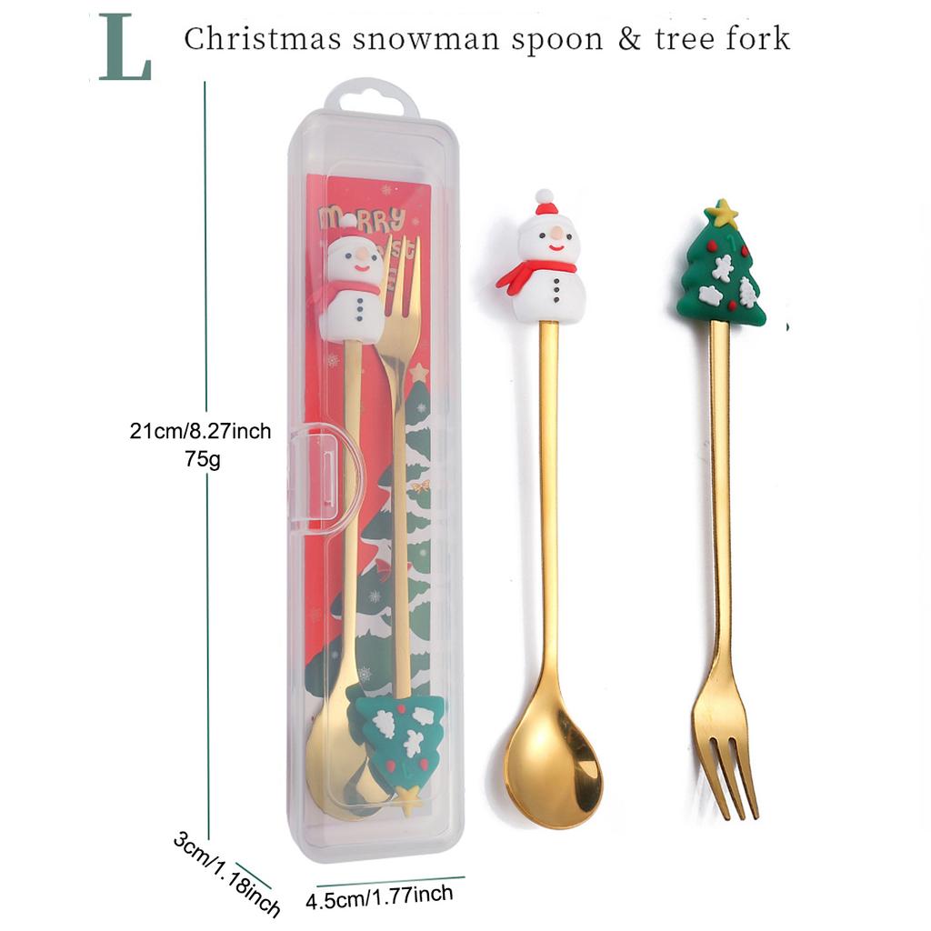 2Pcs Christmas Theme Dinnerware Set with Storage Box Snowman Christmas Tree Fork Spoon Cutlery Set Stainless Steel Tableware