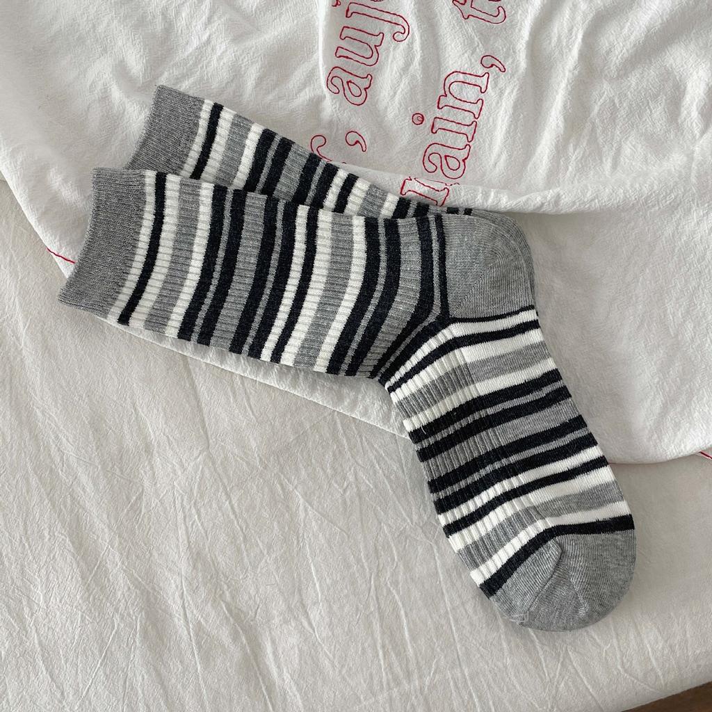 Grey Socks Cotton Mid-Leg Socks Double Needle Cotton Spring And Autumn Striped Pile Socks Collegiate Style Stockings