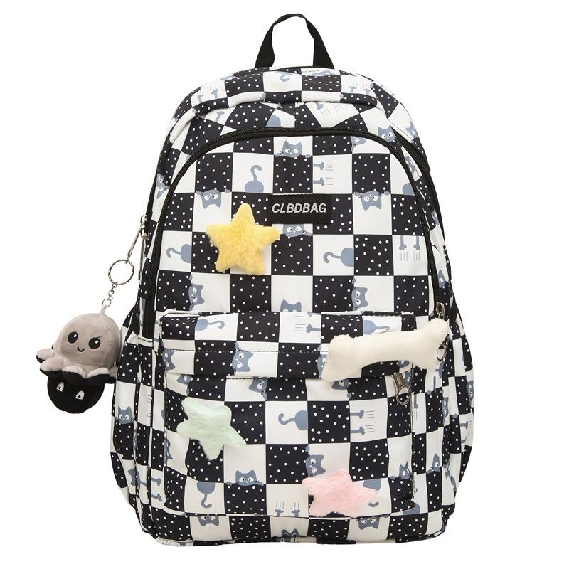 Plaid Cat Print Nylon Schoolbag Large Capacity Backpack High School Student Backpack