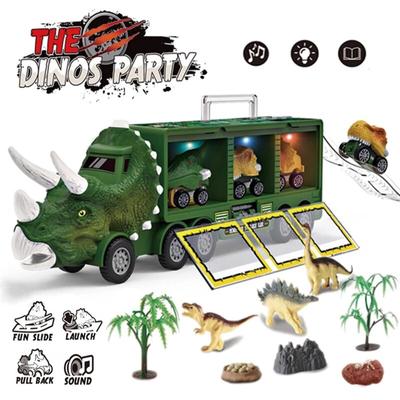 Camion Trasporto Dinosauri a Retrazione Auto Dino Veicolo Contenitore Portaoggetti Modello Luci Musica Giocattoli per Bambini Ragazzi Regalo di Compleanno per Bambini