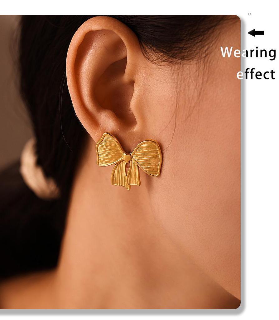 Qiong Yao European Style Bow Stud Earrings, Stainless Steel, Colorfast, Hypoallergenic, Simple Design for Women