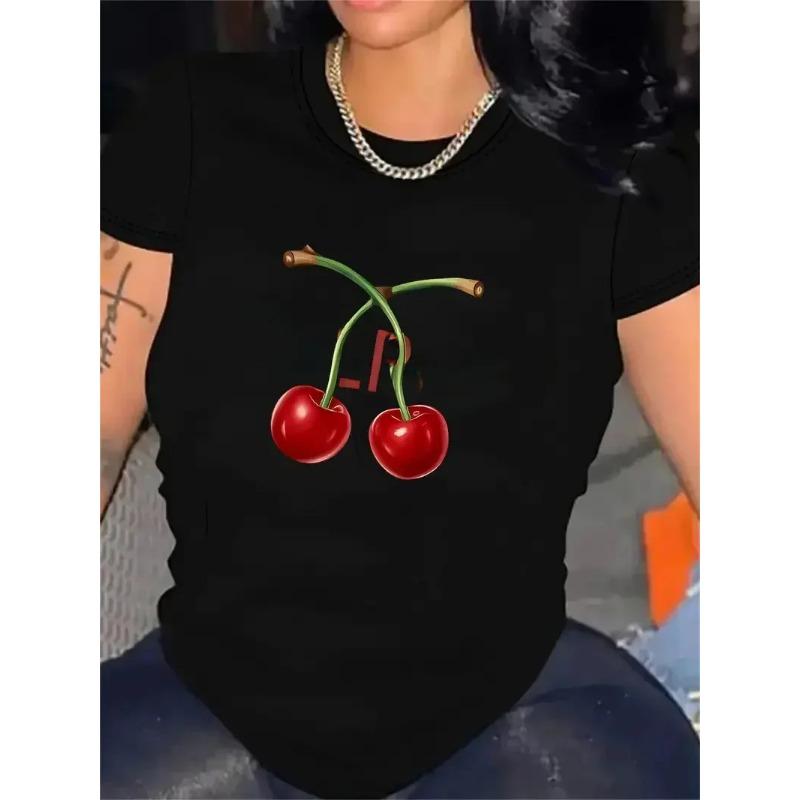 

Summer Round Neck 3D Cherry Print Top Fashionable Casual Short Sleeved Women s T-shirts XXL