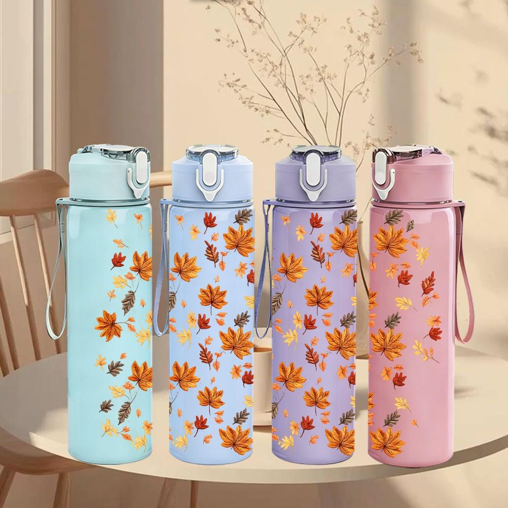 1PC Autumn Dry Fall Leaf Scatter Print 750ml Color Plastic Sports Water Bottle Leakproof Flip Straw Lid Suitable for Sports Office Home Use