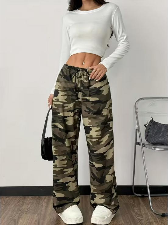 Pantaloni da Donna Stampa Mimetica Verde Militare, Primavera/Estate 2026 - Vita Elastica & Tasche Oblique, Stile Pigro.