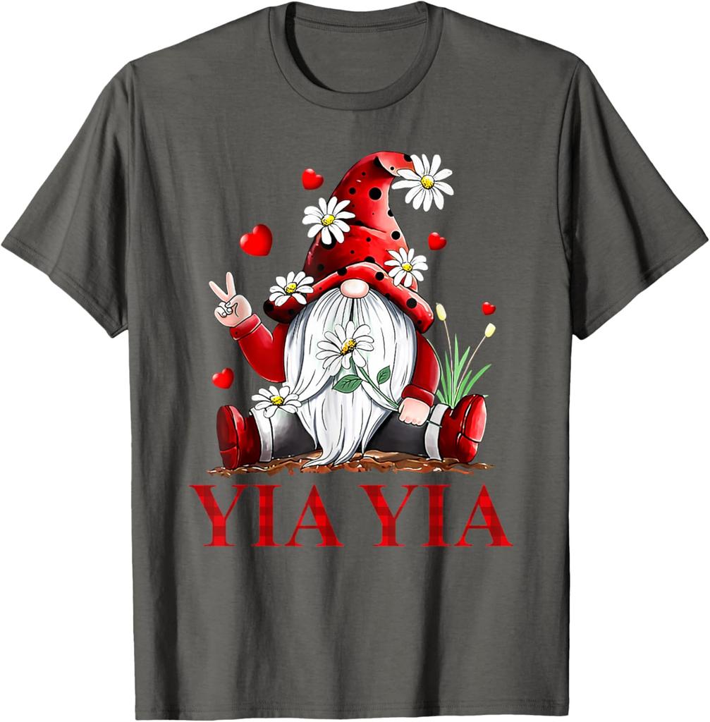 Yia Yia Gnome Daisy Peace Sign Love Valentine Matching Graphic Tee Casual Short Sleeve T-Shirt