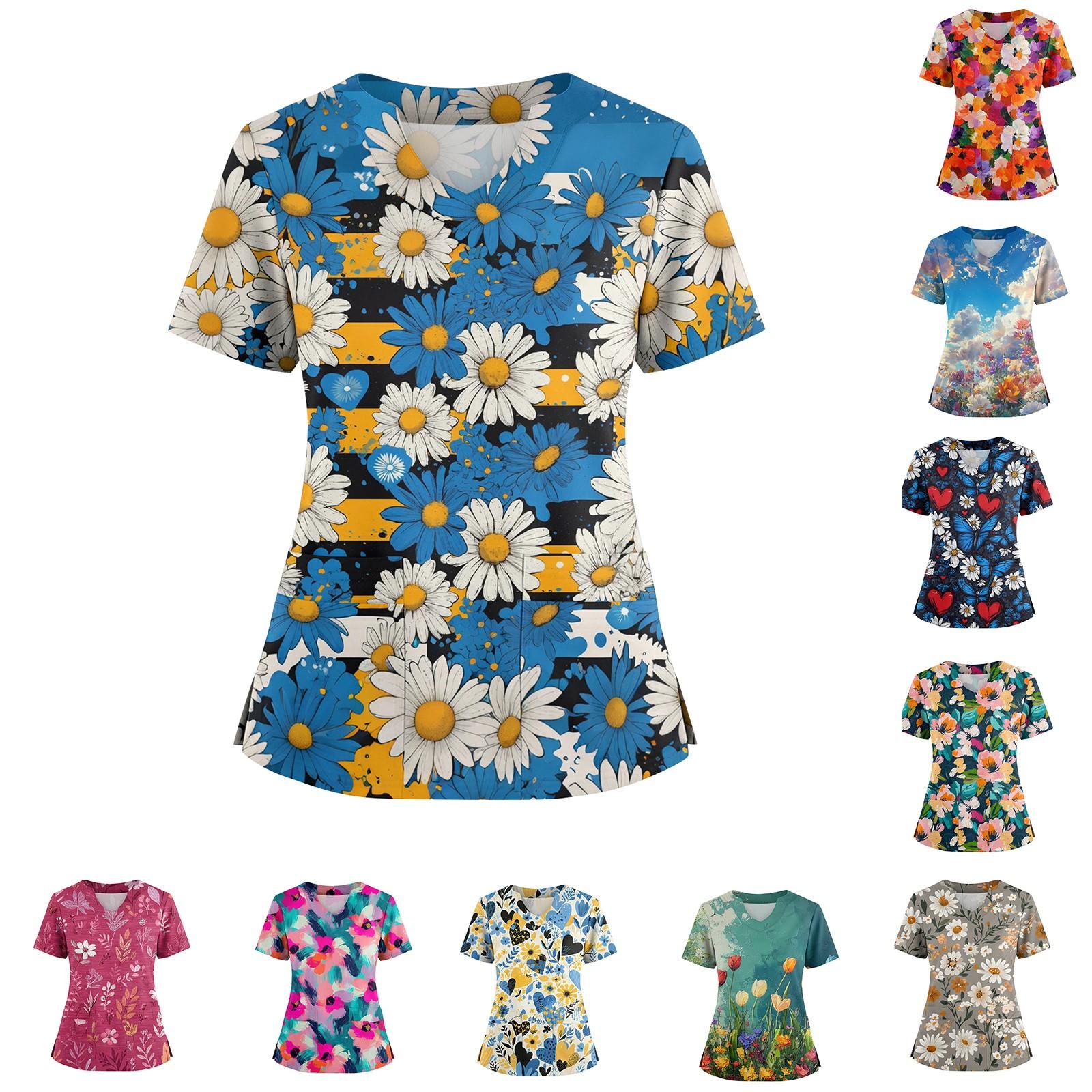 

Women s Printed Floral V-neck Loose Short Sleeved Shirt XXXL синій