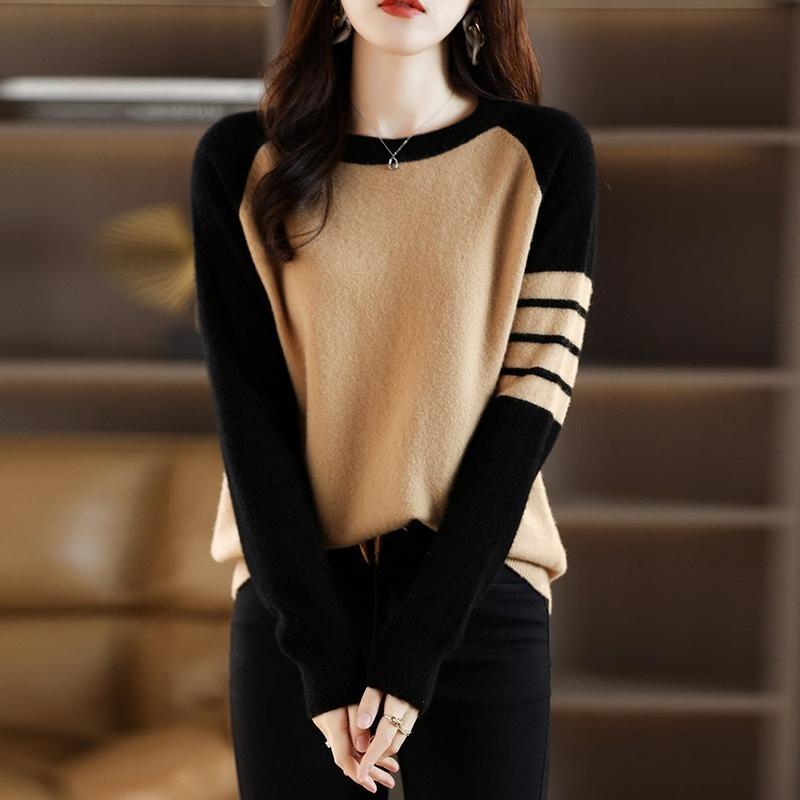 Round-neck Color-blocked Sweater Women's Trendy Loose Knitted Sweater Casual Short Pullover Spring and Autumn
