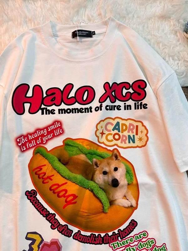 Unisex Retro Hot Dog Print Cotton T-Shirt - Plus Size, Trendy Loose Fit