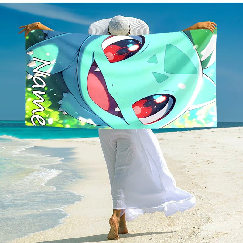 Personalized customized proof beach towel with Pokémon Bulbasaur pattern - soft, absorbent,quick-drying,perfect swimming,camping&bathing