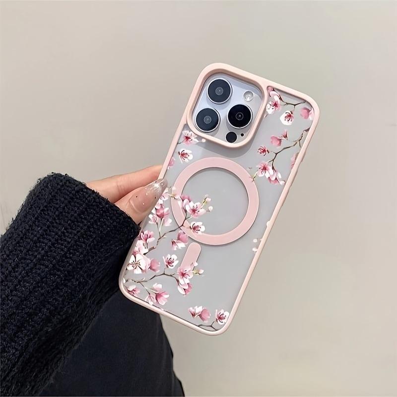 Pink Cherry Elegant Floral Background Design Magnetic Phone Case For iPhone 17 16 15 14 13 12 Pro Max 11 16 Plus 16E 17Air Cover