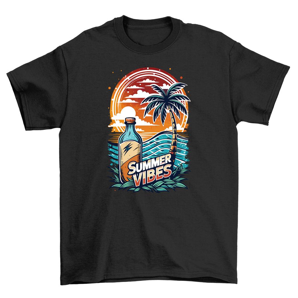 Summer Vibes'' T-Shirt Mens Womens Tees Top - Sunny Palm Tree and Ice-Cold Bottle Design, Fun Unisex Pr