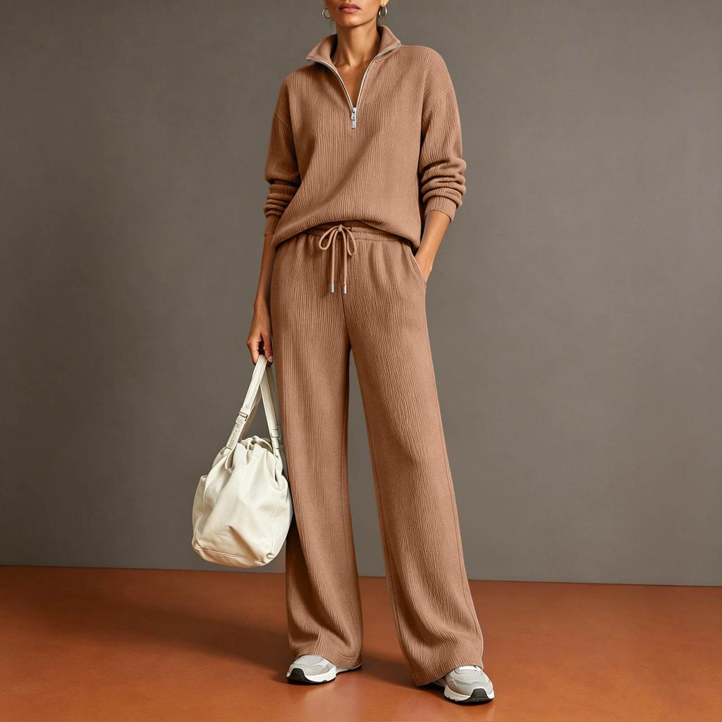 Women's Casual Half Zip Pullover Sweater and Wide Leg Pants Two Piece Set Lightweight Knit Loungewear Tracksuit for Everyday Wear