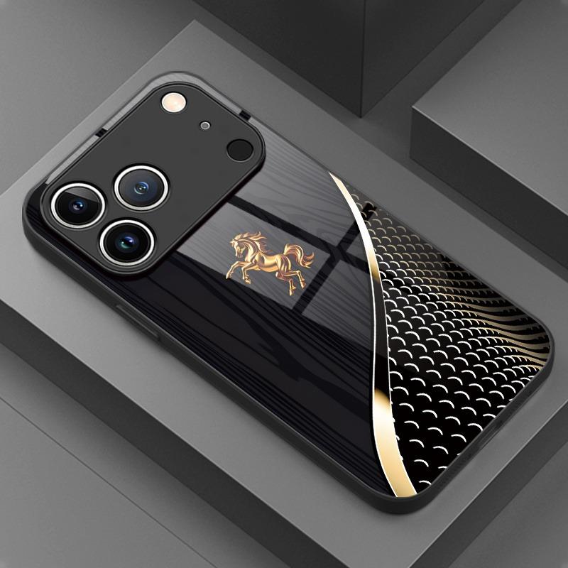 Golden Jumping Horse Dark Pattern Tempered Glass Phone Case For iPhone 11 12 13 14 15 16 17 Pro Max 17Air 7 8 Plus XR XS X Cover