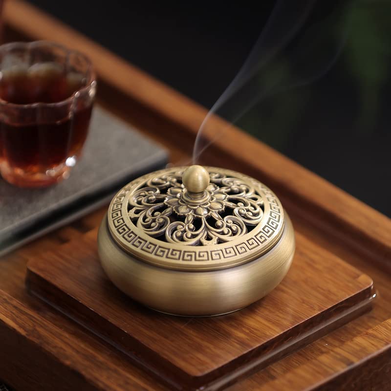 [BERESHITH] Oriental-style Incense Burner and Incense Holder Set with Lid, Antique Copper, Stylish Interior, Buddhist Altar Accessories (Small)
