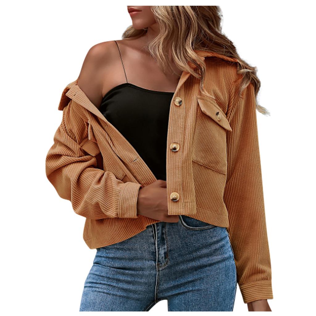 Women's Fashion Casual Corduroy Button Prokets Solid Long Sleeve Shirt Coat