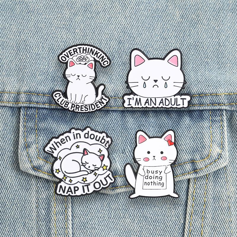 White Cats Enamel Pins Funny Overthinking Club President Brooches Badges Cute Cartoon Moody Animal Jewelry Gift for Friends