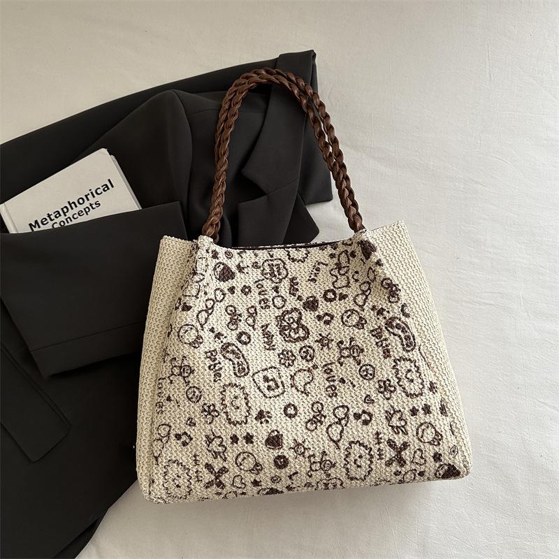 Korean leopard print handbag autumn and winter retro woven knitted bag fashionable large-capacity tote bag female cute student