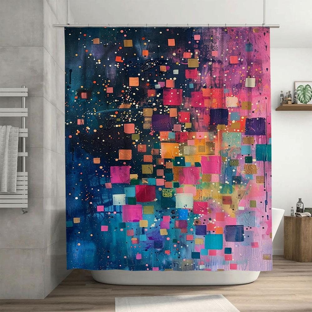 Vibrant Bathroom Shower Curtain Colorful Abstract Design with Squares Modern Home Decor for Bathtub Area Polyester Material Size