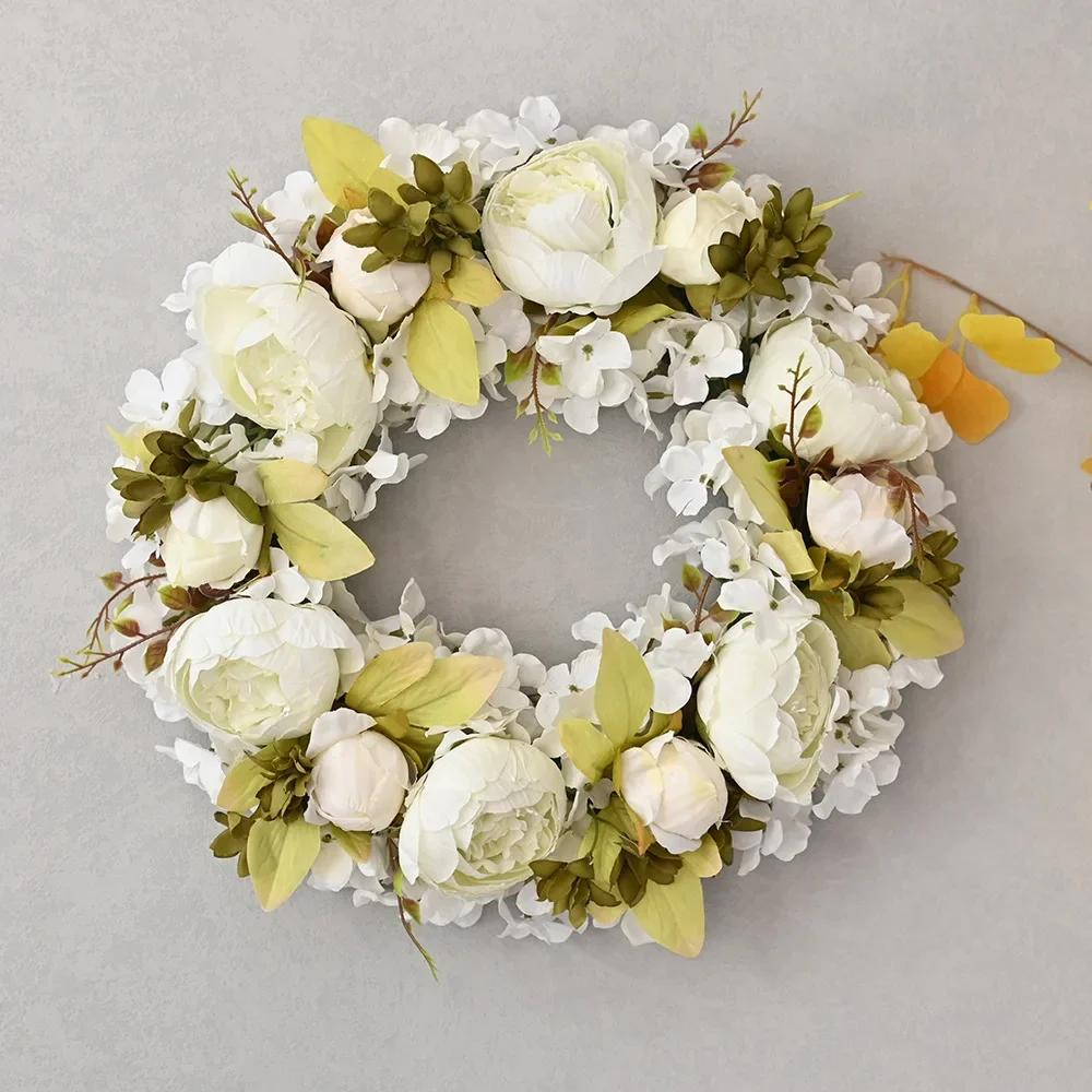 45CM Artificial Peony Wreath Door Decoration Wedding Lintel Flower Photography Props Living Room Wreath Floral Decoration