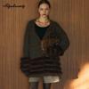 Korean Style Autumn Winter Women Knitting Cardigan V Neck Grey Brown Beige Loose Oversized Striped Knitted Outerwear With Faux Fur Trim