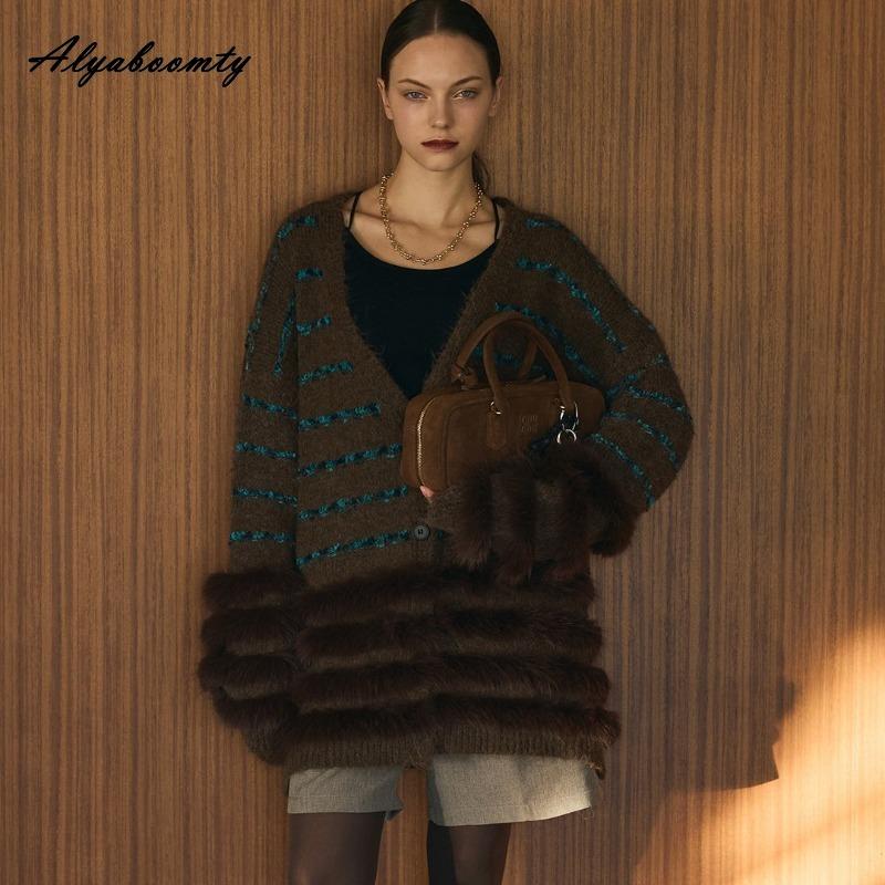 Korean Style Autumn Winter Women Knitting Cardigan V Neck Grey Brown Beige Loose Oversized Striped Knitted Outerwear With Faux Fur Trim