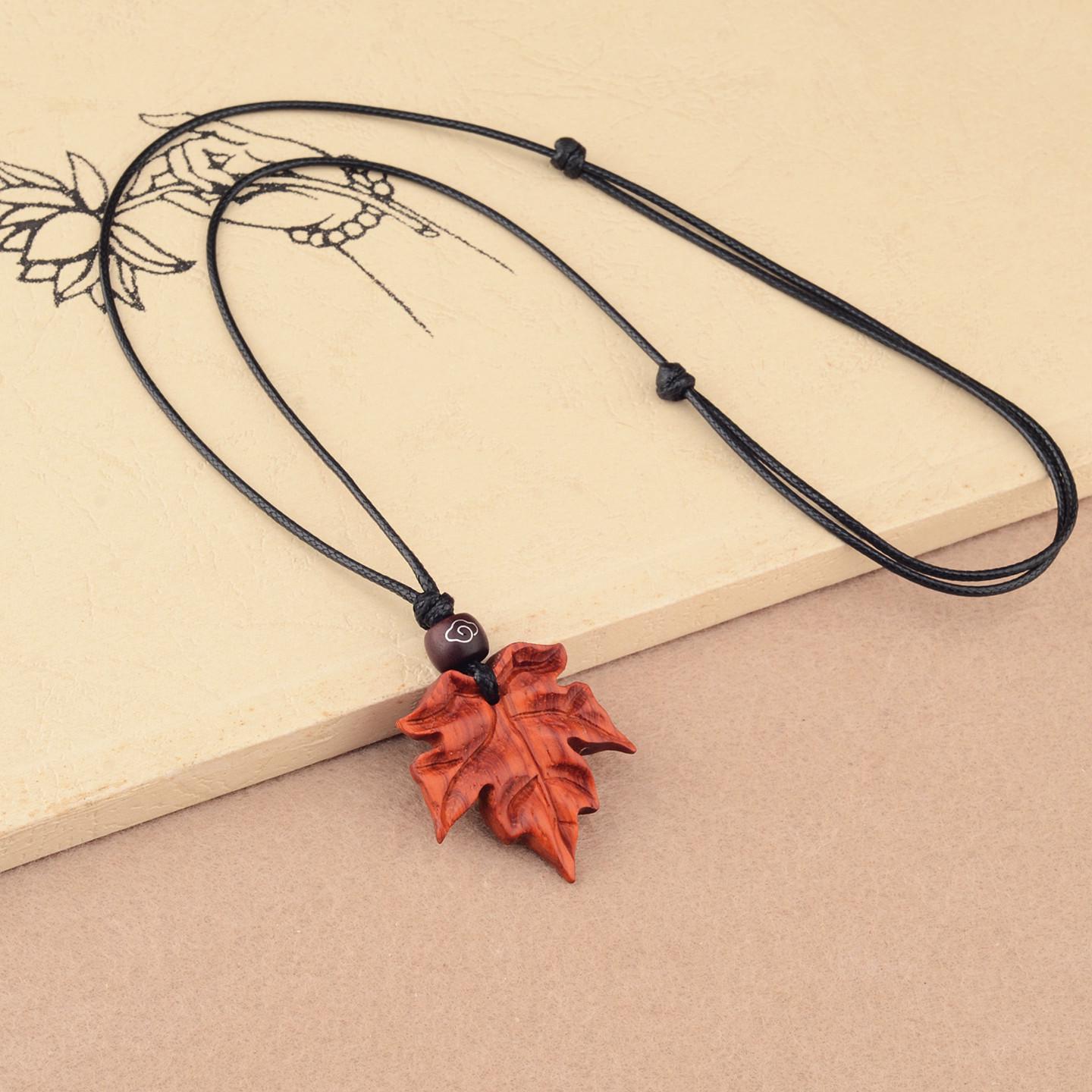 Artistic Sandalwood Maple Leaf Sweater Necklace - Long Pendant in Ancient Chinese Style