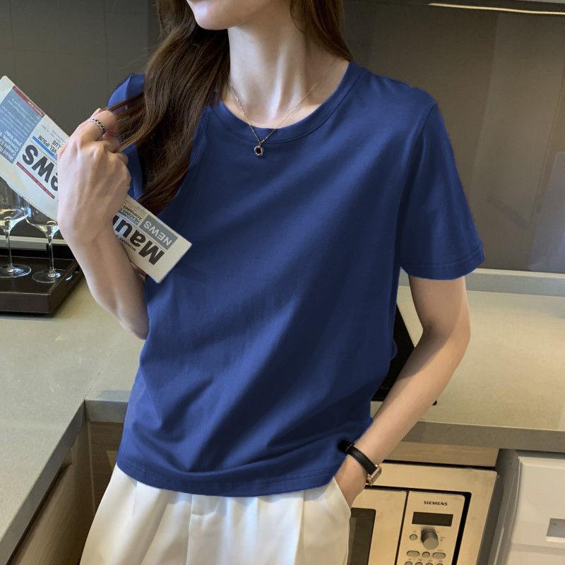 

Многоцветный свободный крой, круглый вырез, короткий рукав, летняя новинка, женская одежда больших размеров, прикрывающая полноту, повседневная универсальная однотонная футболка 4XL синий