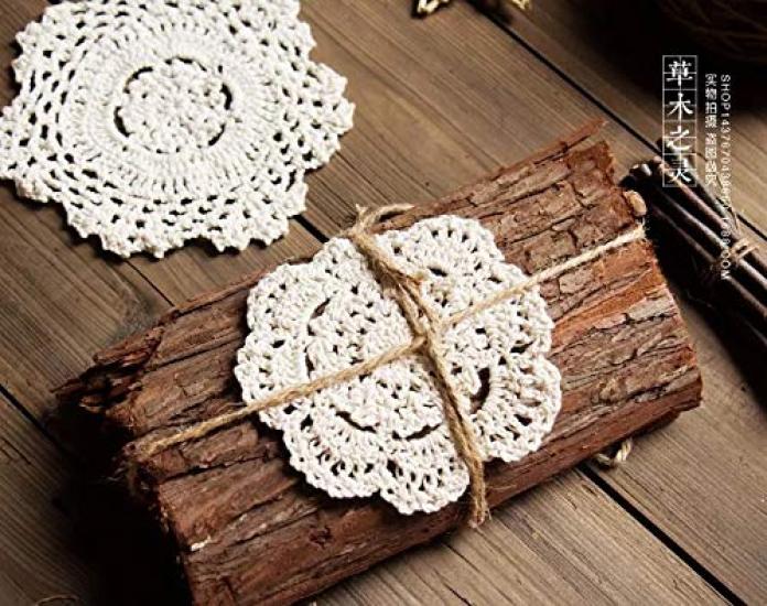 Kouso 10 Coasters, Antique Lace Style, Country Style, Blanche Doily, Beige, Cotton Crochet, Hand-Knitted, Absorbent, Washable (Pack of 10)