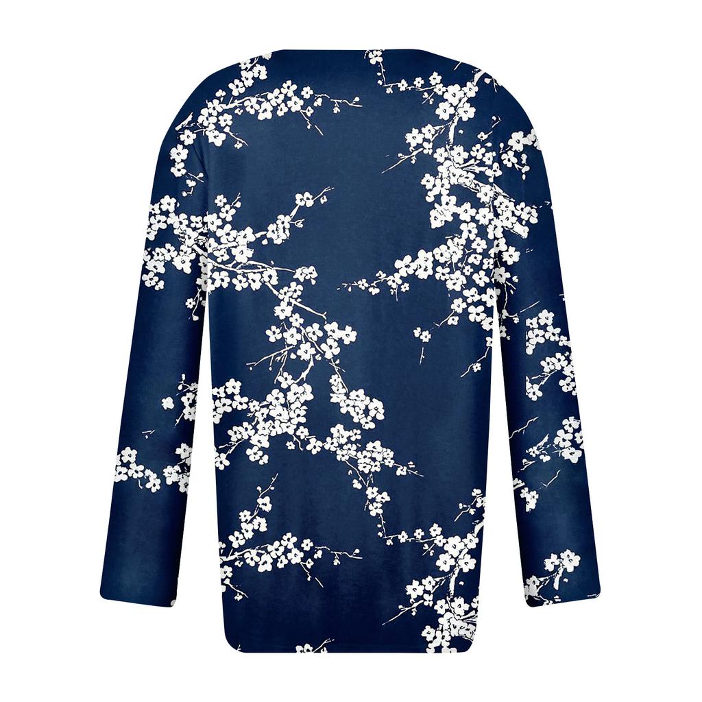 Damen Langarm-Tunika, lockere Oberteile, lässige, übergroße Oberteile, plissierte Tunika mit Knopfleiste, lässige Herbst-Damen-Oberteile mit Blumendruck