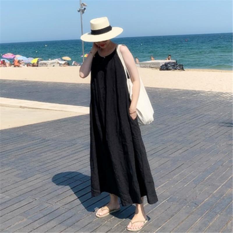 Loose Casual Black Sleeveless Large Size Dress Korean Version Over Knee Long Dress Zixia Holiday Cotton and Linen Suspender