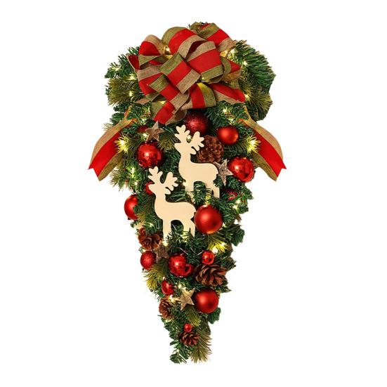 Christmas Wreath for Front Door Artificial Green Pine Needles Teardrop Swag Christmas Garland Decoration with Balls Bows Holiday Decor