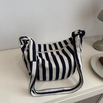 Retro Literary Handbag Simple Small Fresh Striped Canvas Bag Casual Fashion Large Capacity Shoulder Women'S Bag