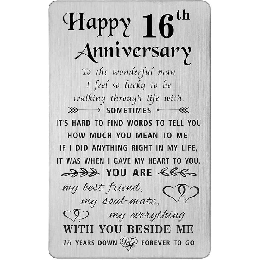 TANWIH 16th Anniversary Card for Wife - 16 Years Down Forever to Go - 16 Year Wedding Anniversary Card Gifts for Her Women, Engraved Metal Wallet