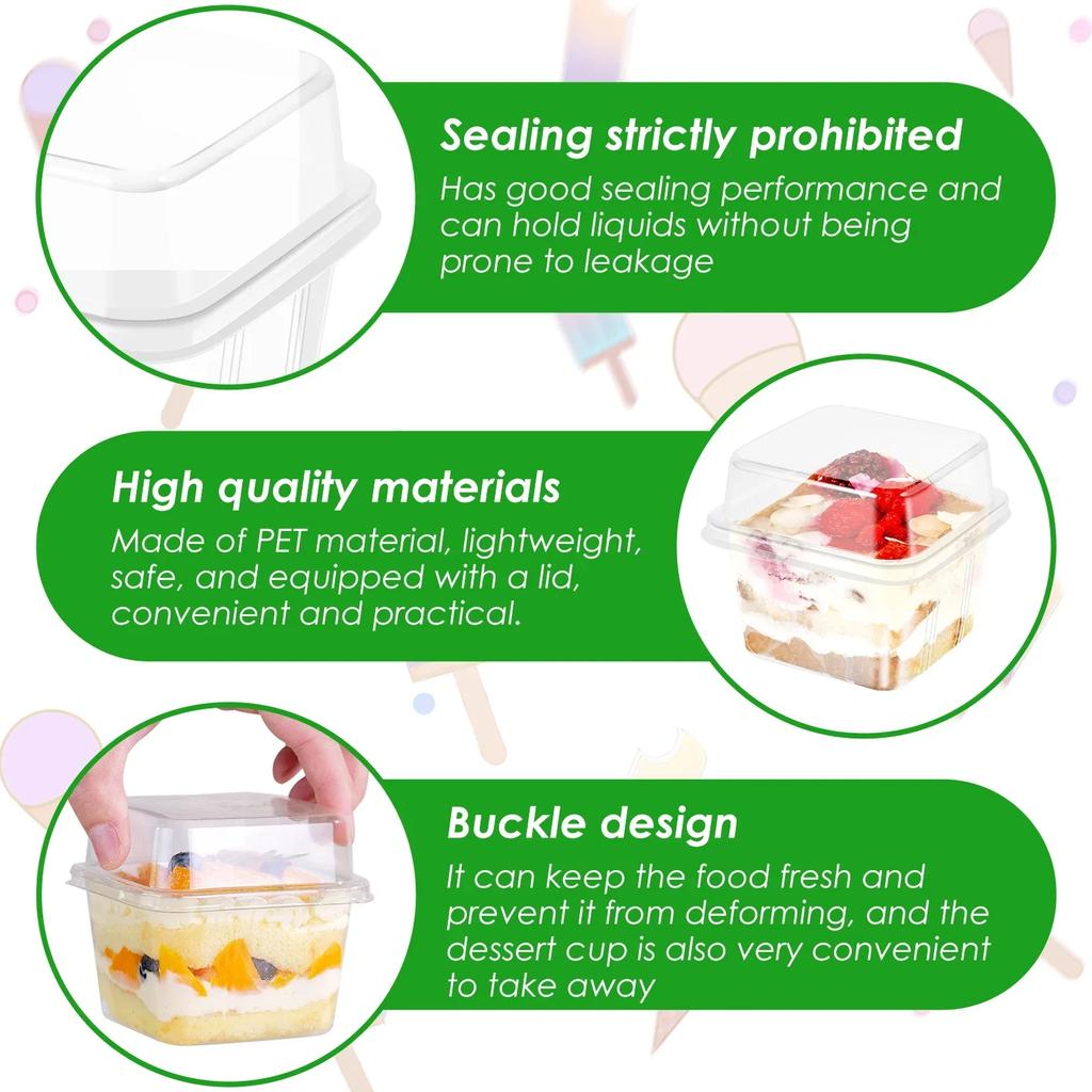 100PcsMultipurpose Dessert Cups with Lids 8oz Reusable Cupcake Container Clear Square Single Dessert Box Sealed Cake Storage Box