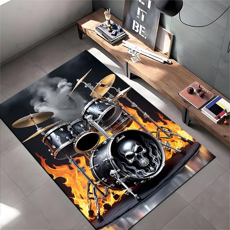 Musikinstrument Teppich, Schwarzes Schlagzeug Totenkopf Feuer Flammen Rauch Druck, Schlagzeuger Musiker Studio Man Cave Dekor, Rutschfeste Matte