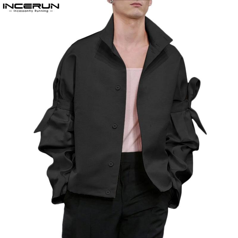 INCERUN Oversized Men Stand Neck Bow Knot Long Sleeve Casual Loose Shirts Tops